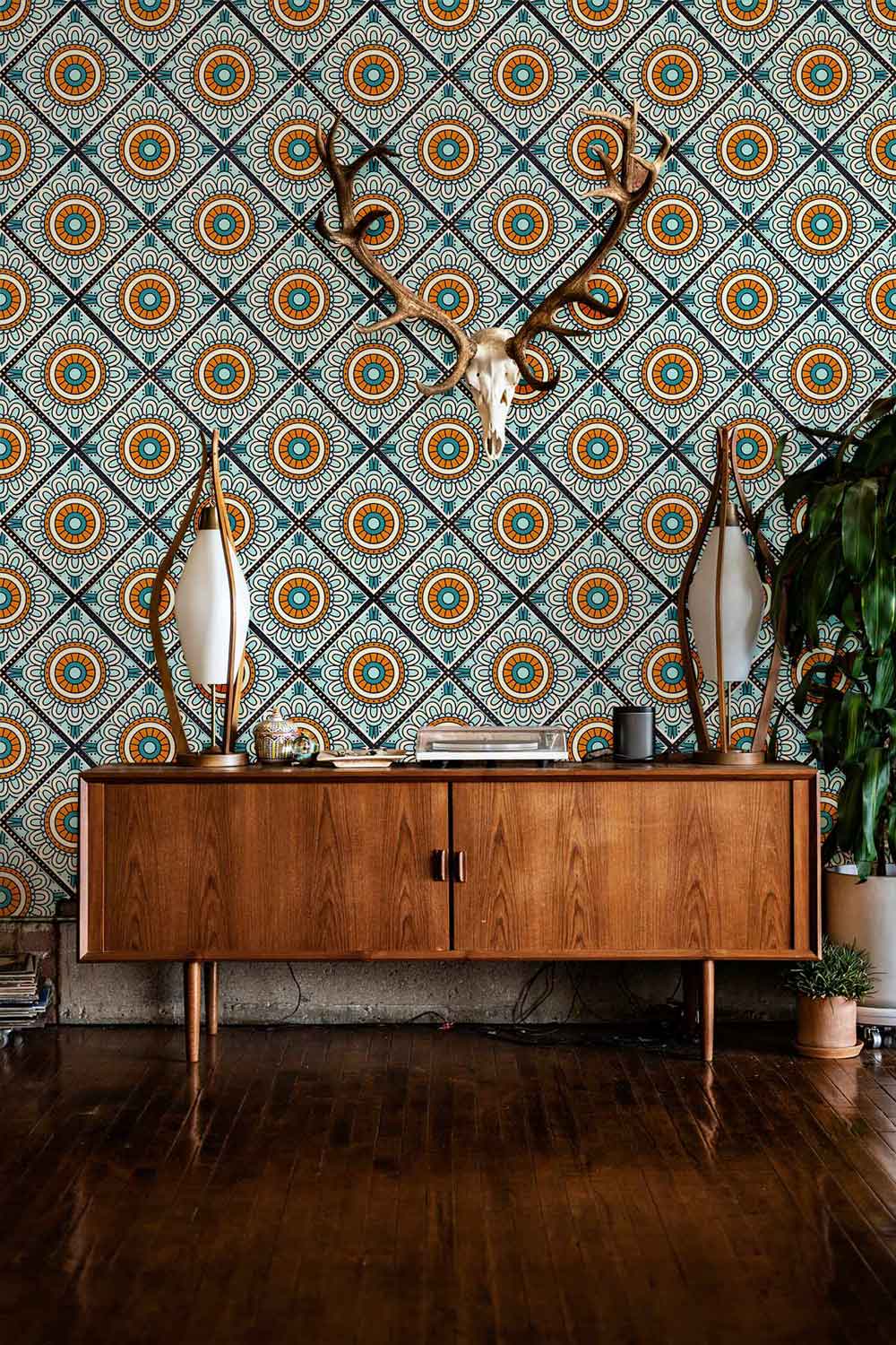 repeat floral designs in turquoise wallpaper mural for hallway decor
