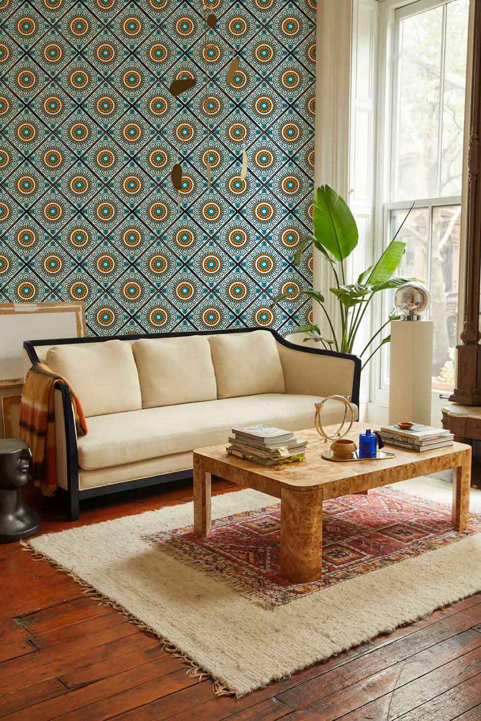 a blue and orange repeat pattern wallpaper mural for the living room