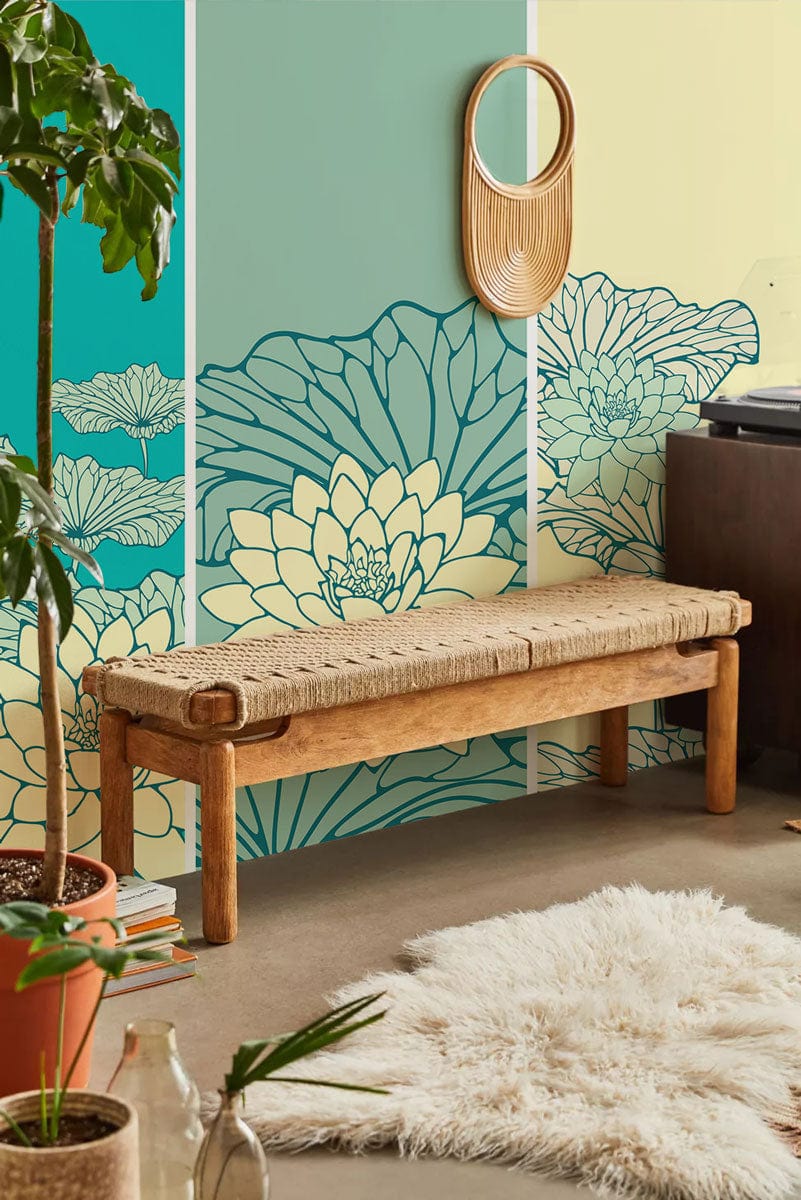 Wallpaper mural with a turquoise lotus design that may be used for decorating the hallway.