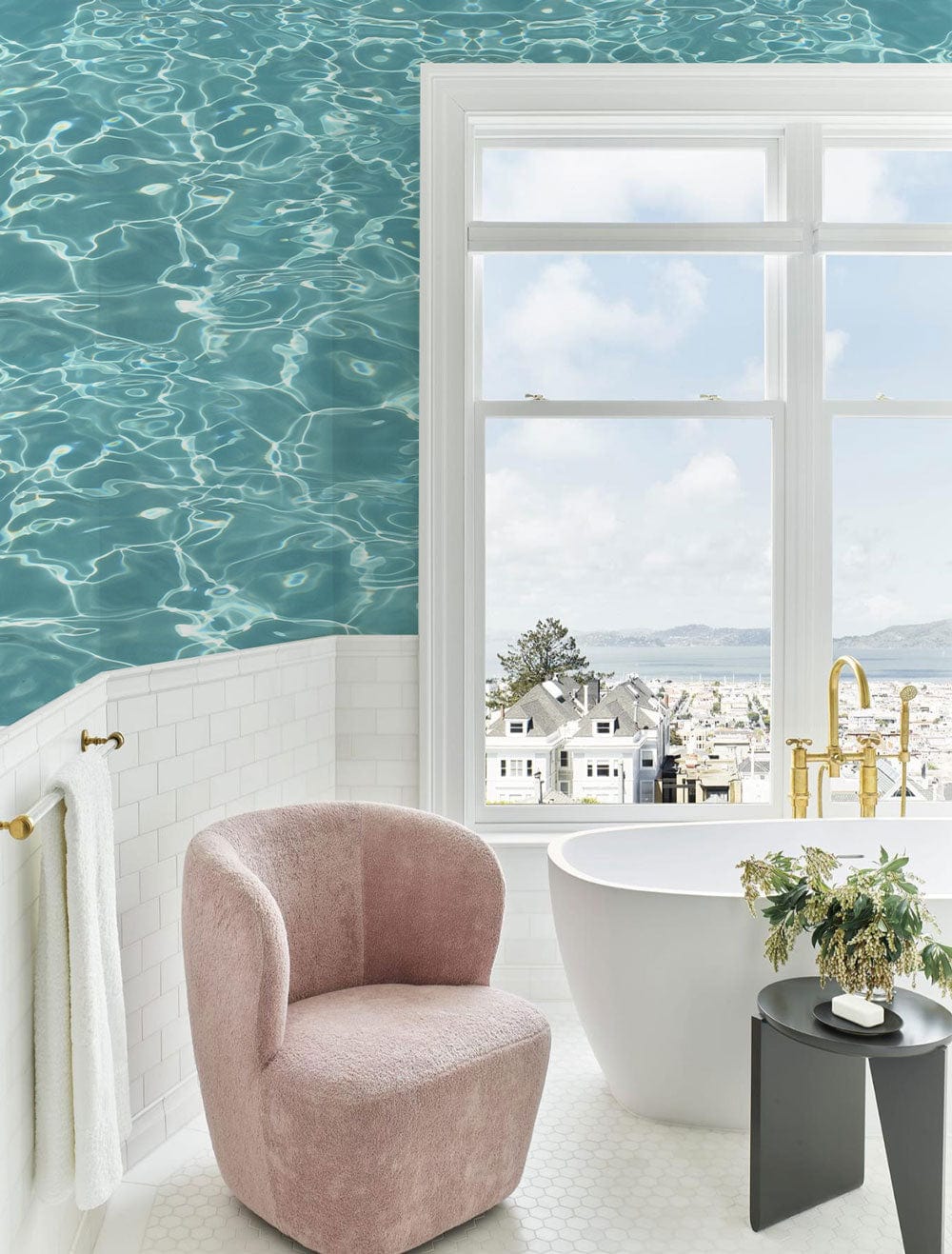 Wallpaper mural with turquoise ocean waves, perfect for use as bathroom decor.
