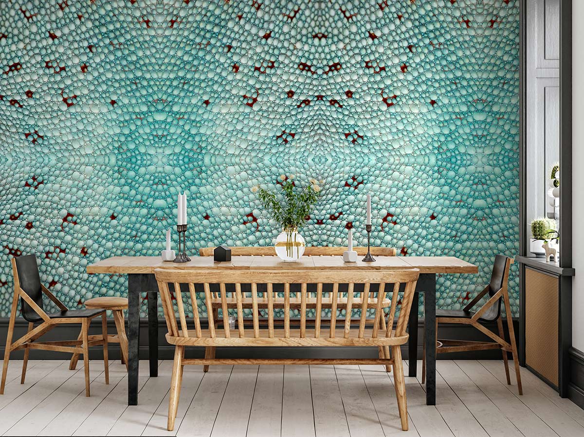 Wallpaper in the style of art deco animals in turquoise, for use in the interior decoration of homes
