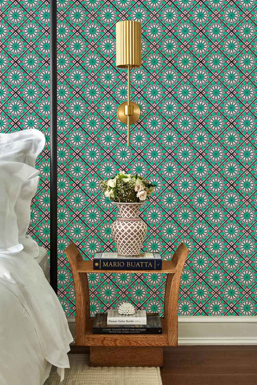 bespoke wallpaper for walls using a turquoise vector and illusions design.