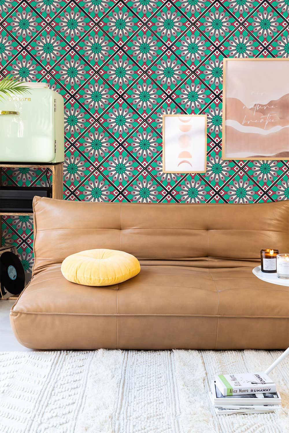 bedroom wall murals with a vivid turquoise pattern