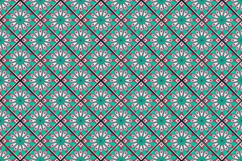 mural wallpaper with turquoise bohemian flowers and vectors and illusions