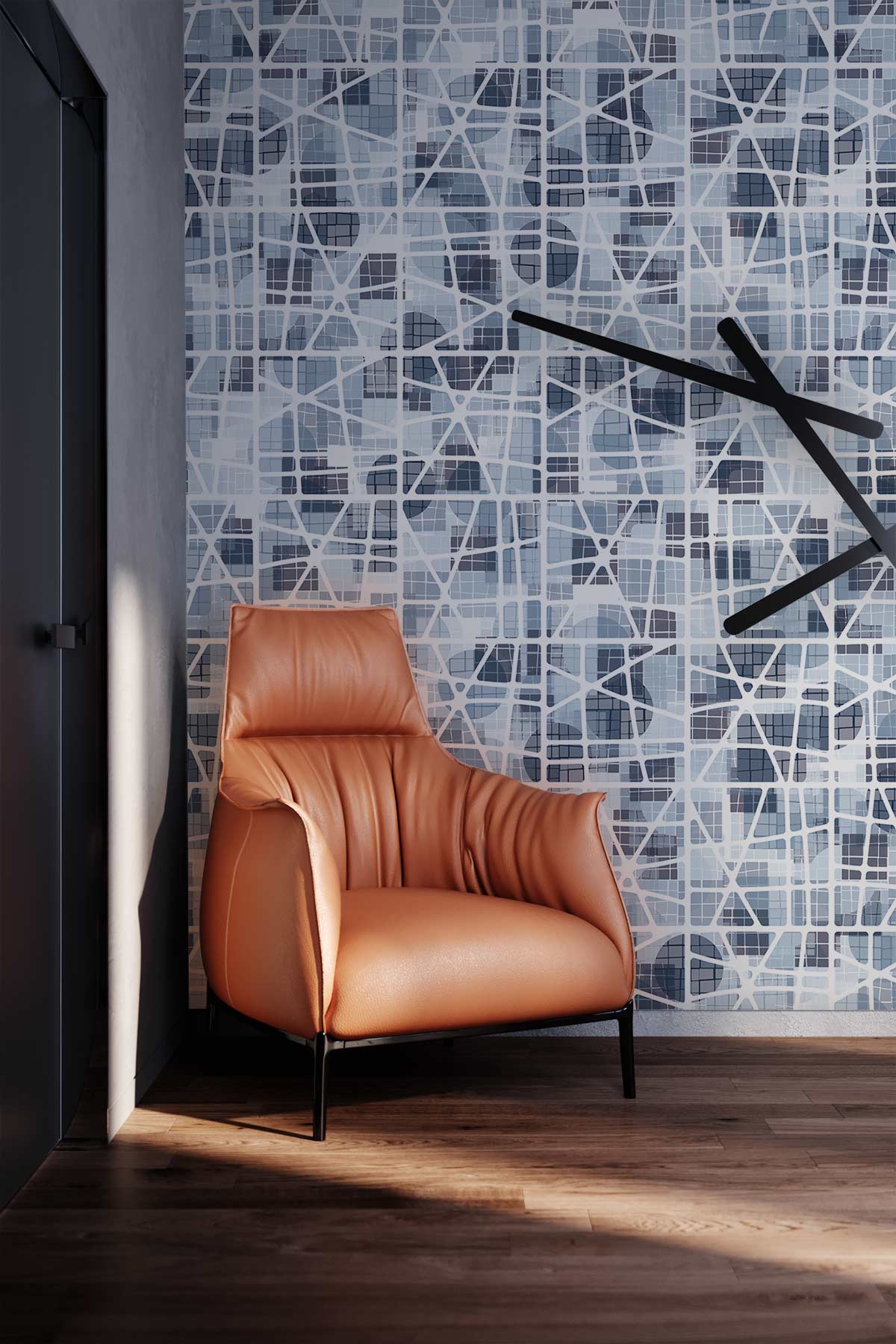 Geometric Blue Mosaic Mural Wallpaper in living room