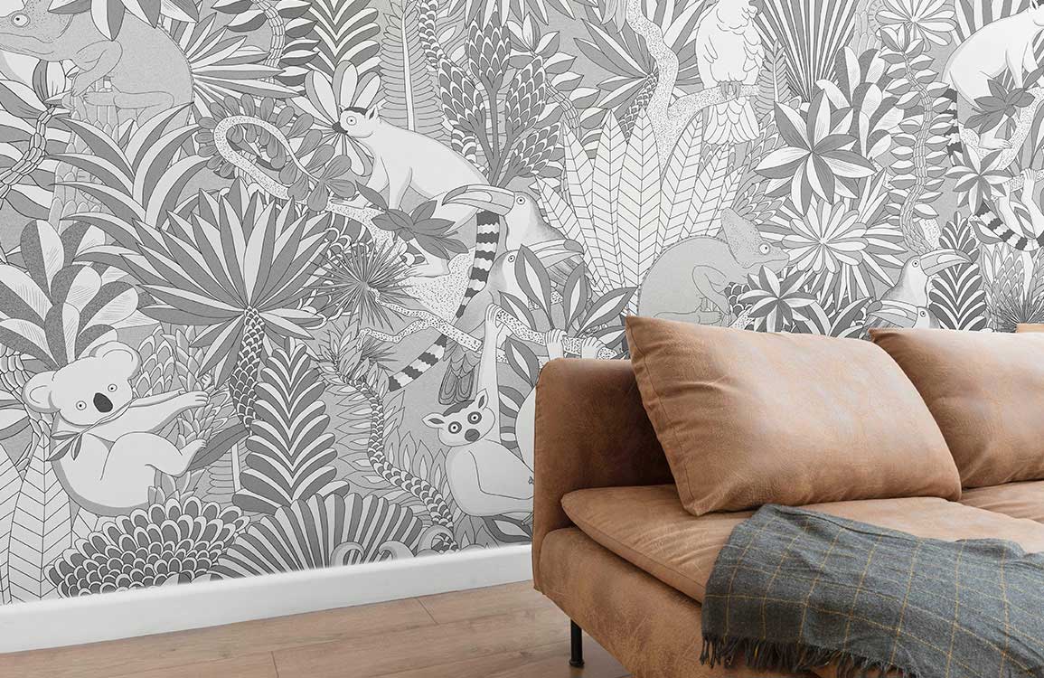 custom gray and white jungles with animals wallpaper mural for living room