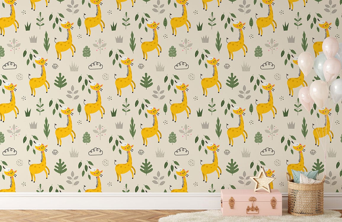 Wallpaper painting of a giraffe munching on leaves