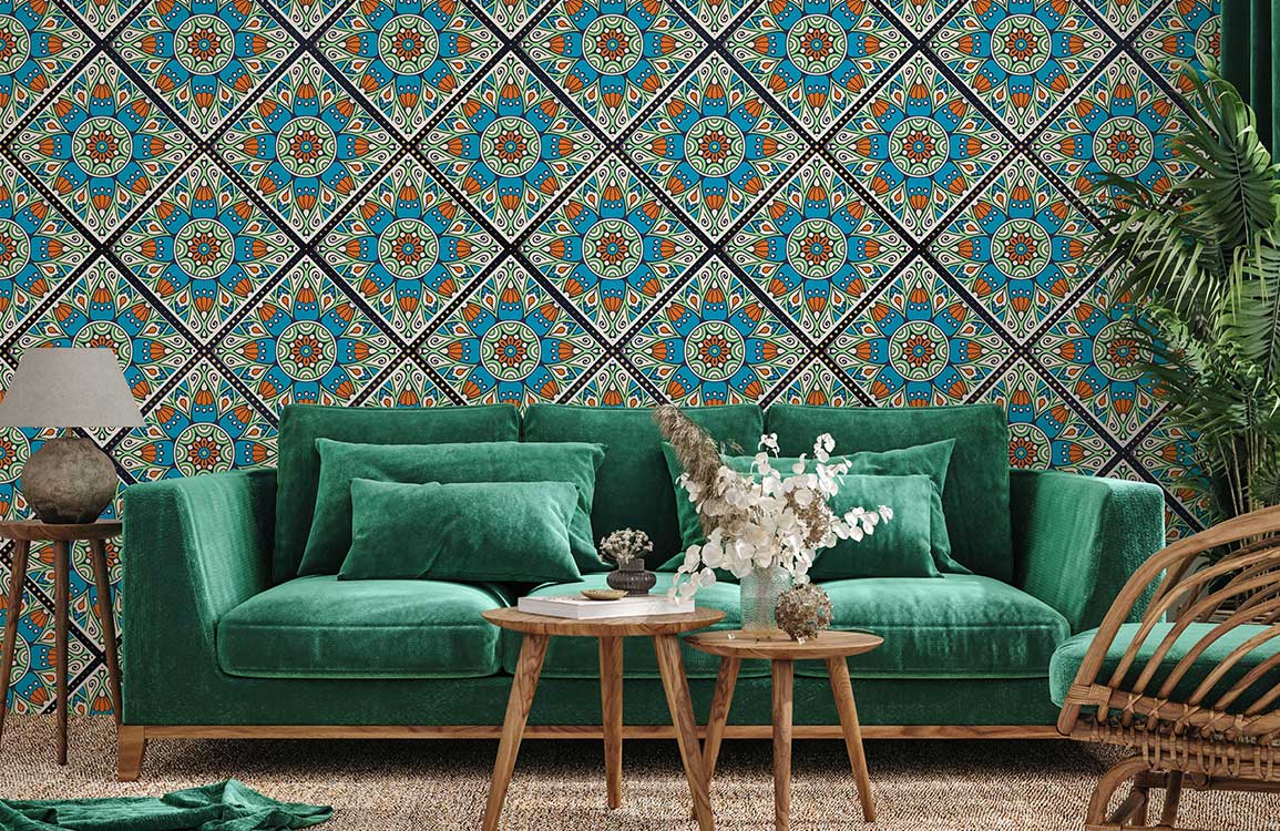 wallpaper with a repeating pattern of green flowers