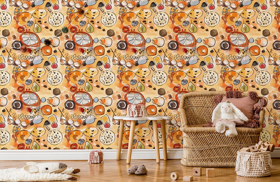 Orange Watercolor Fruits Wallpaper Mural Featured in Nursery Room Decorations