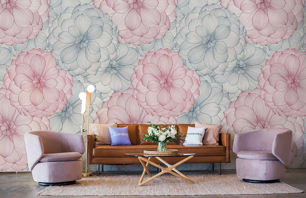Living room wallpaper with a pink and blue flower pattern.