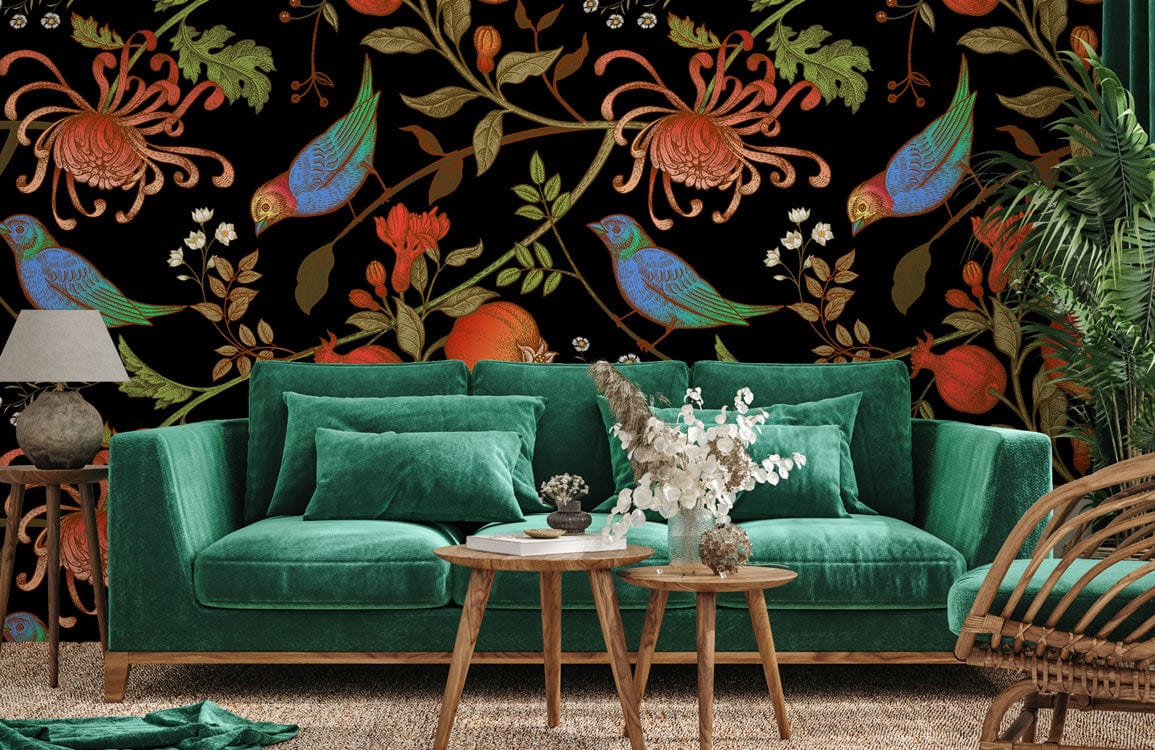 wallpaper murals with ominous floral and animal motifs