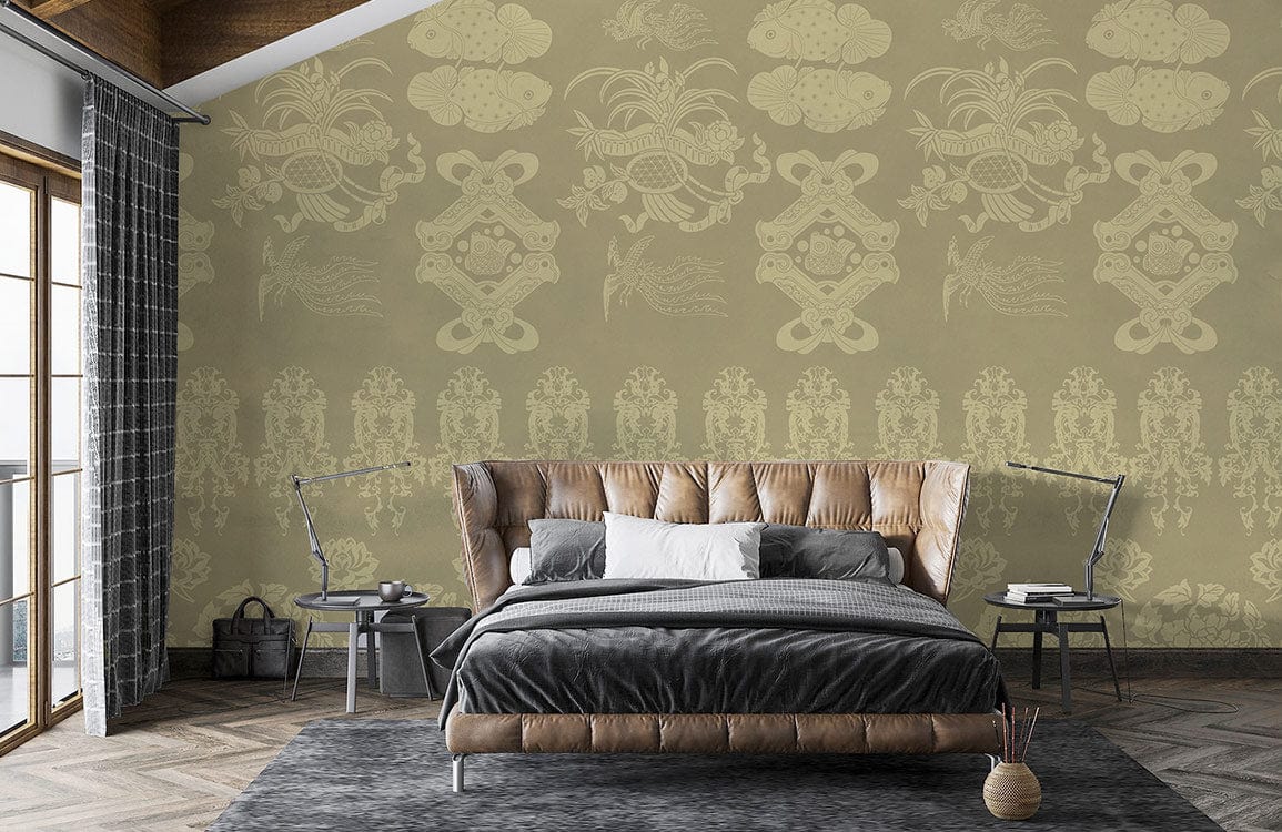 custom neutral fish and flower wallpaper mural for bedroom