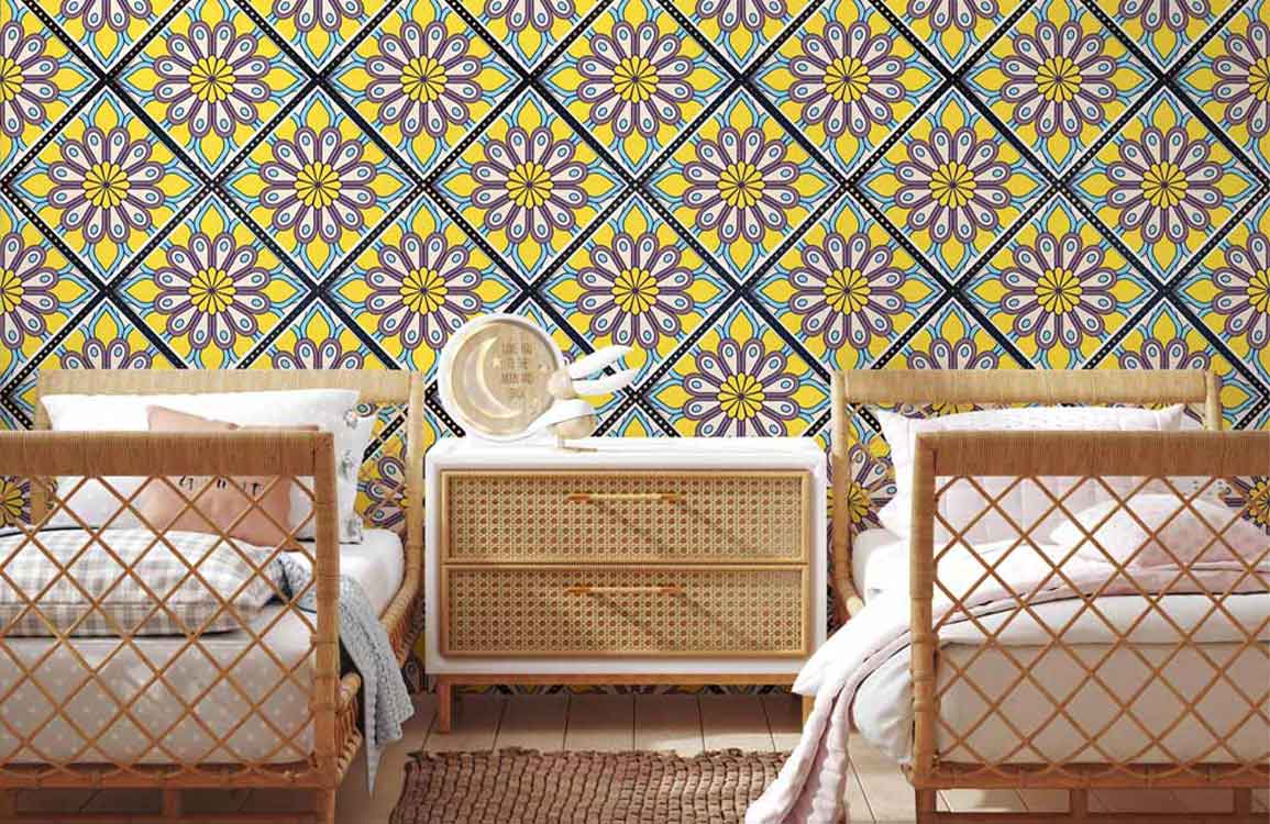 Bedroom wall mural wallpaper with a yellow flower pattern.