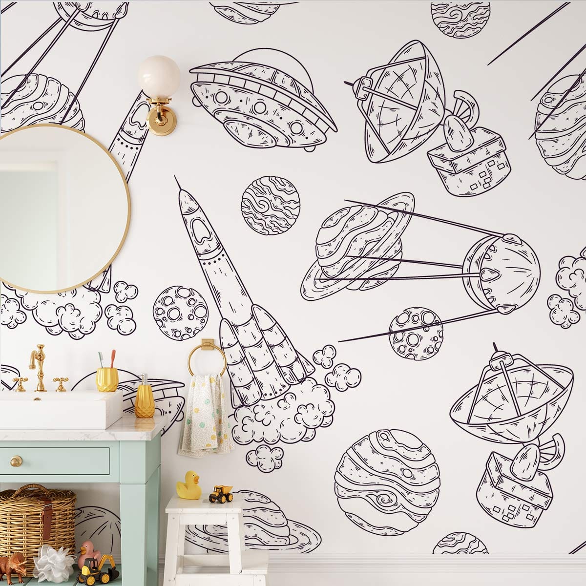 Modern Cosmic Adventure Kids Mural Wallpaper in bathroom