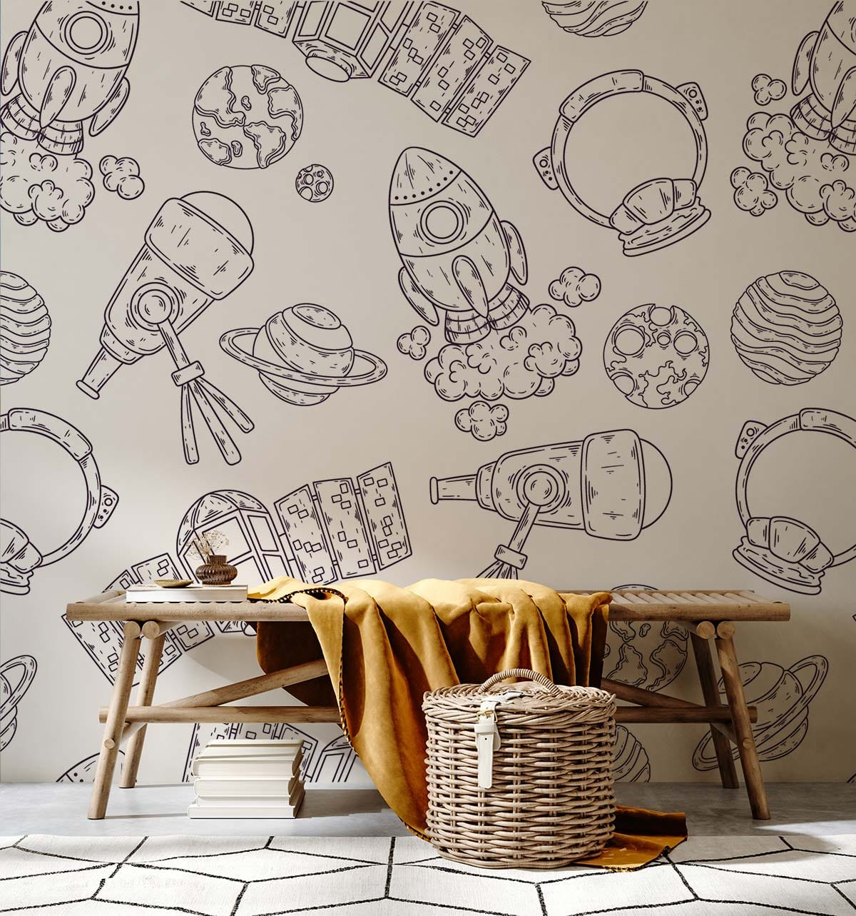 Modern Space Exploration Sketch Mural Wallpaper in children's room