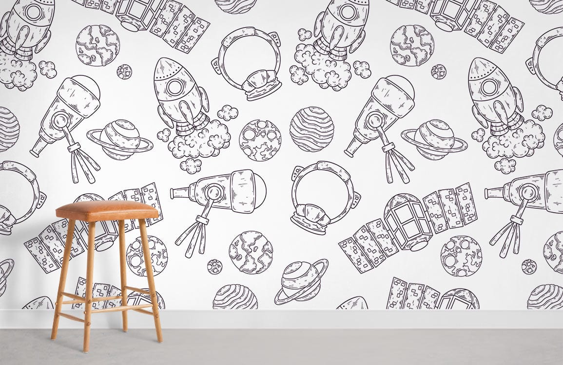 Modern Space Exploration Sketch Mural Wallpaper in playroom