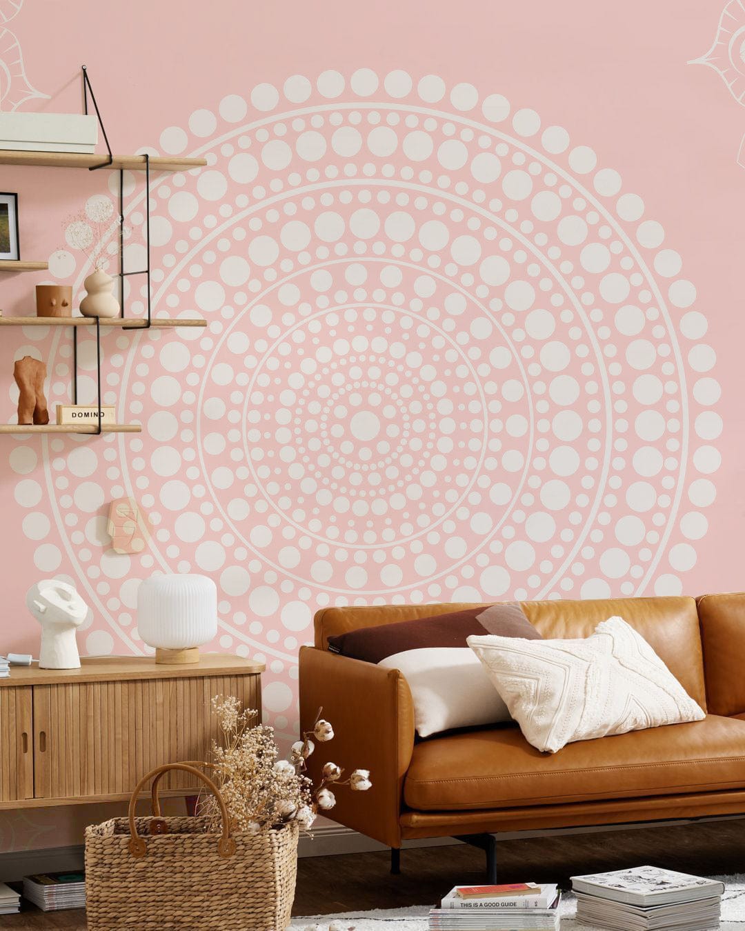 a pink and white dot pattern bespoke wallpaper mural for a living room