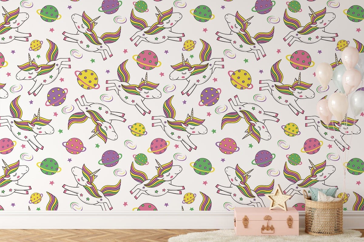 Colorful Unicorn Fantasy Kids Mural Wallpaper in child's room