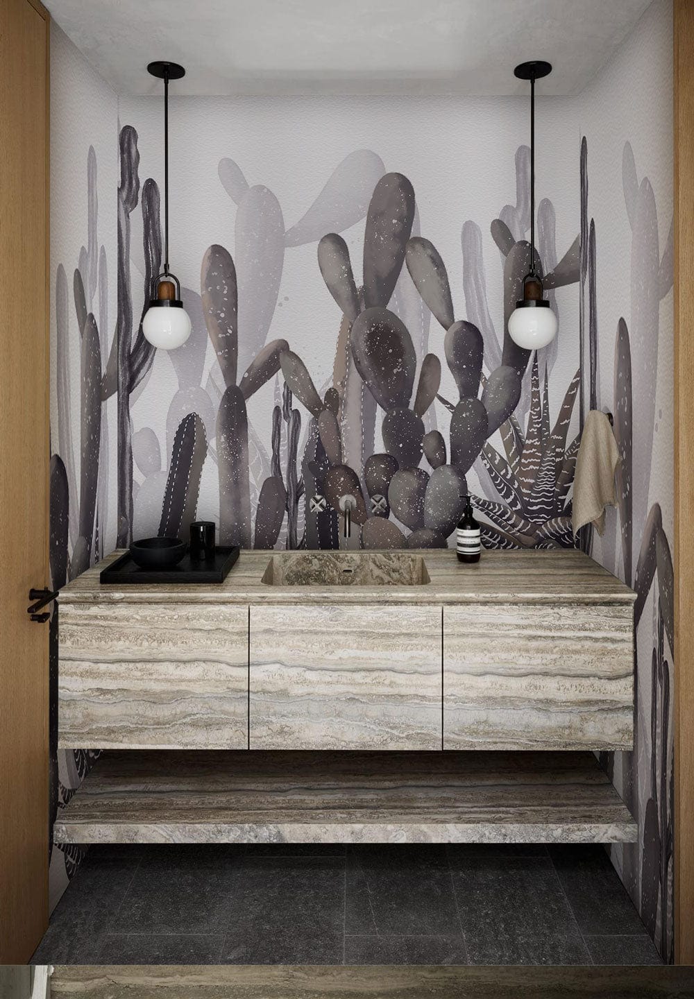 The cactus wallpaper mural has watercolours and is left unpainted so that it may be utilised in the process of bathroom decoration.