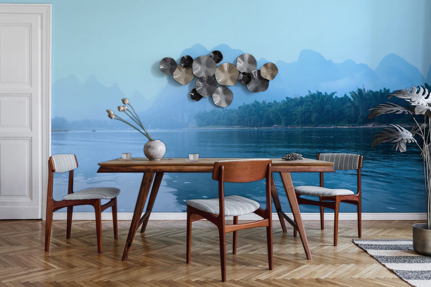Decorate your dining room with this wallpaper mural with an ambiguous mountain scene and landscapes.