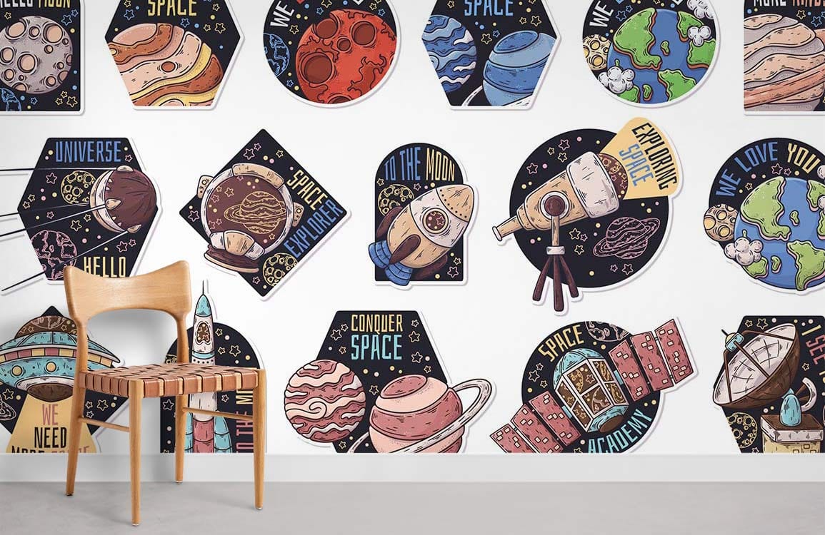 Colorful Space Adventure Kids Wallpaper for Wall in playroom