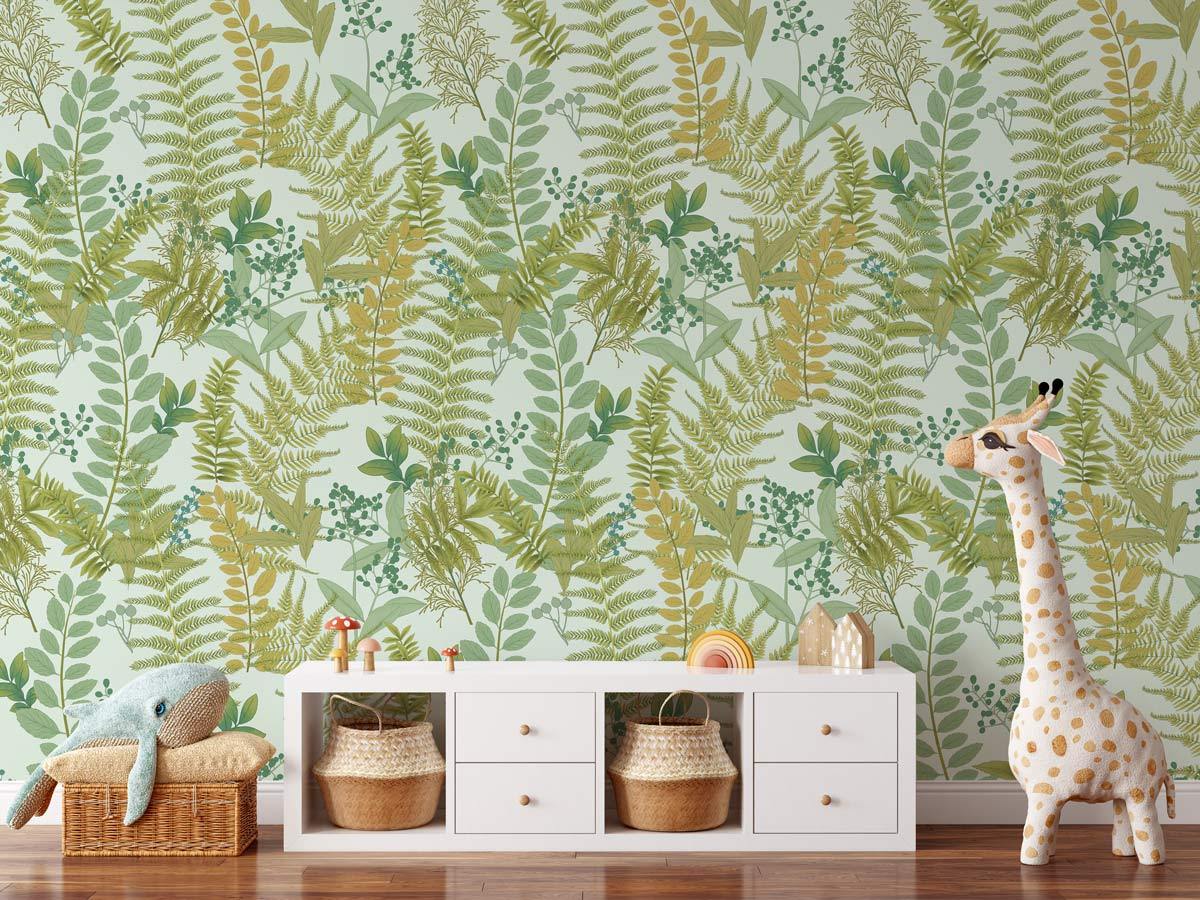 Botanical Green Gold Leaf Mural Wallpaper in children's room