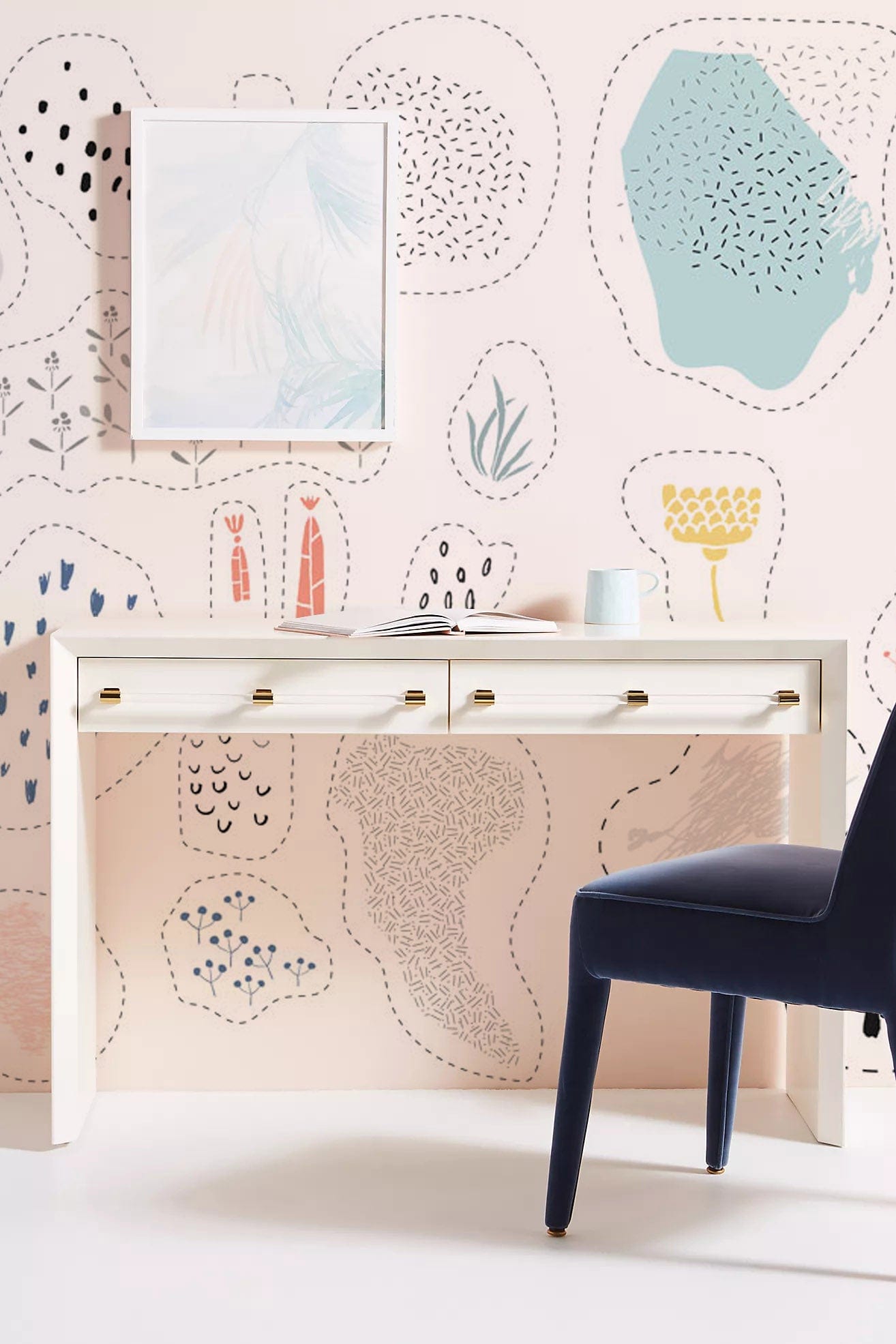 Wallpaper mural with a pastel vegetation pattern, perfect for decorating the powder room.