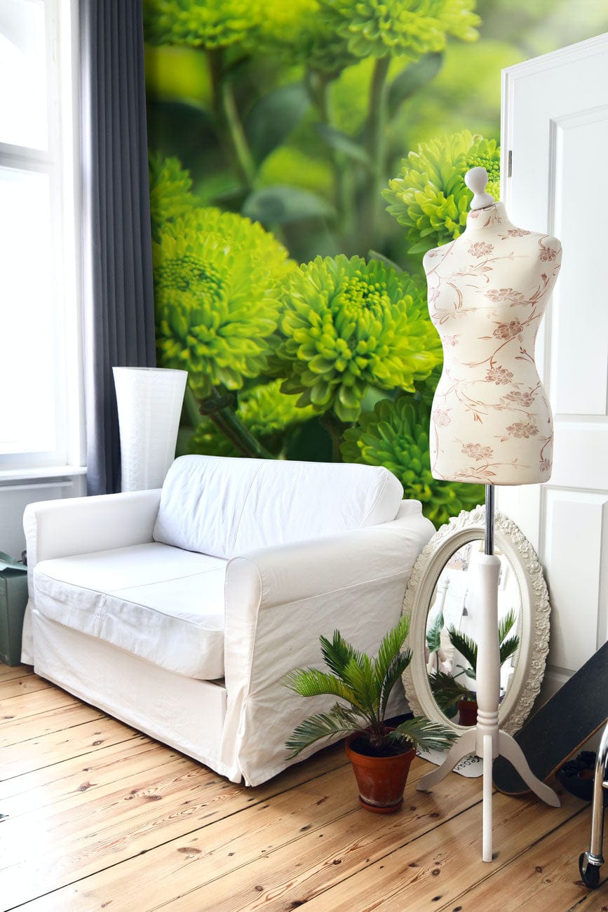 Wallpaper mural with vivid green plants, perfect for decorating the living room.