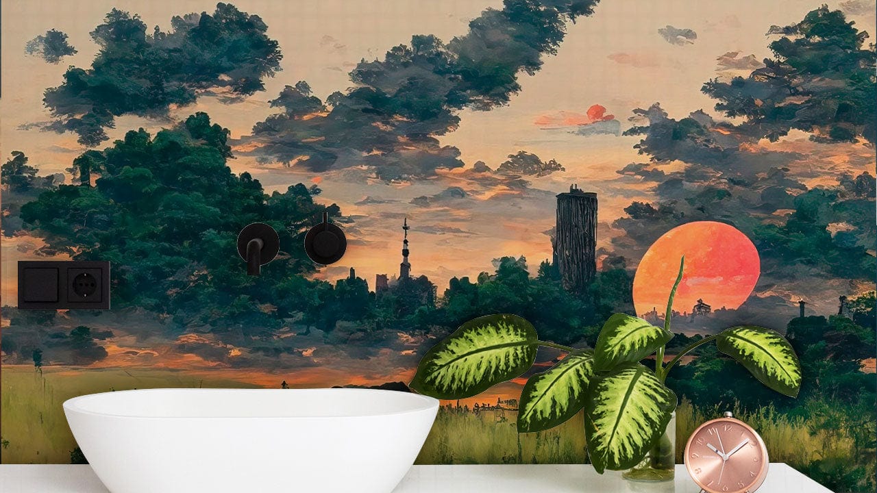 village sunset wallpaper mural bathroom design