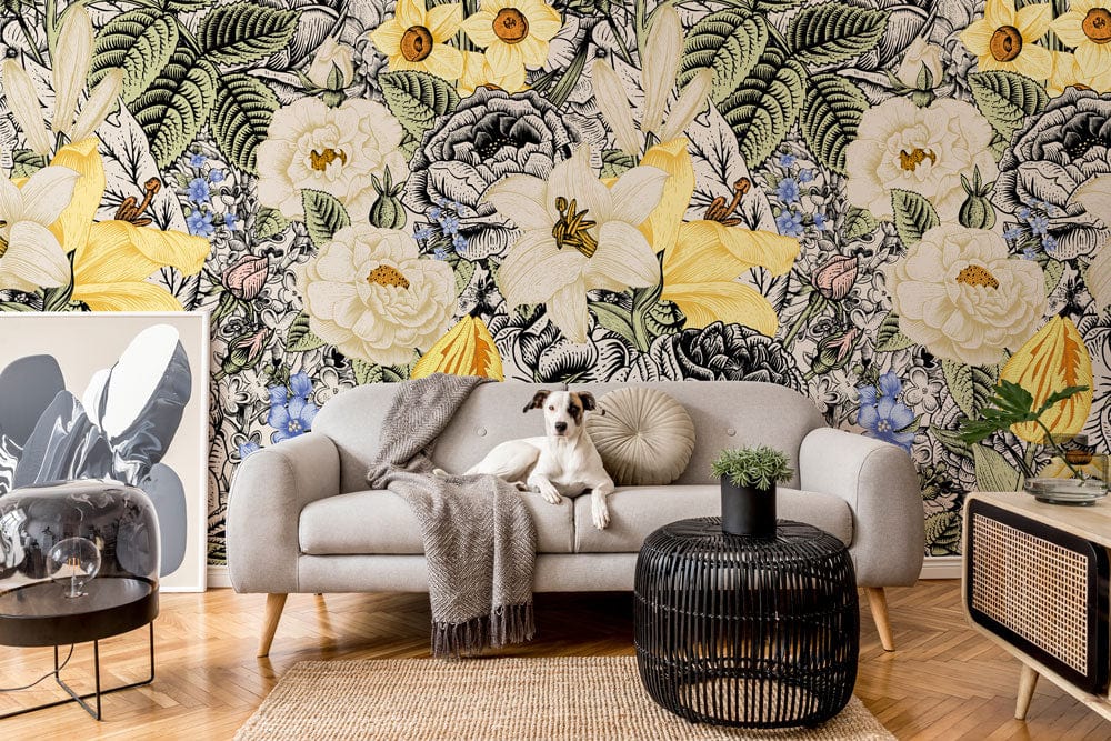 Mural wallpaper featuring a vintage flower painting, ideal for use in decorating the living room.