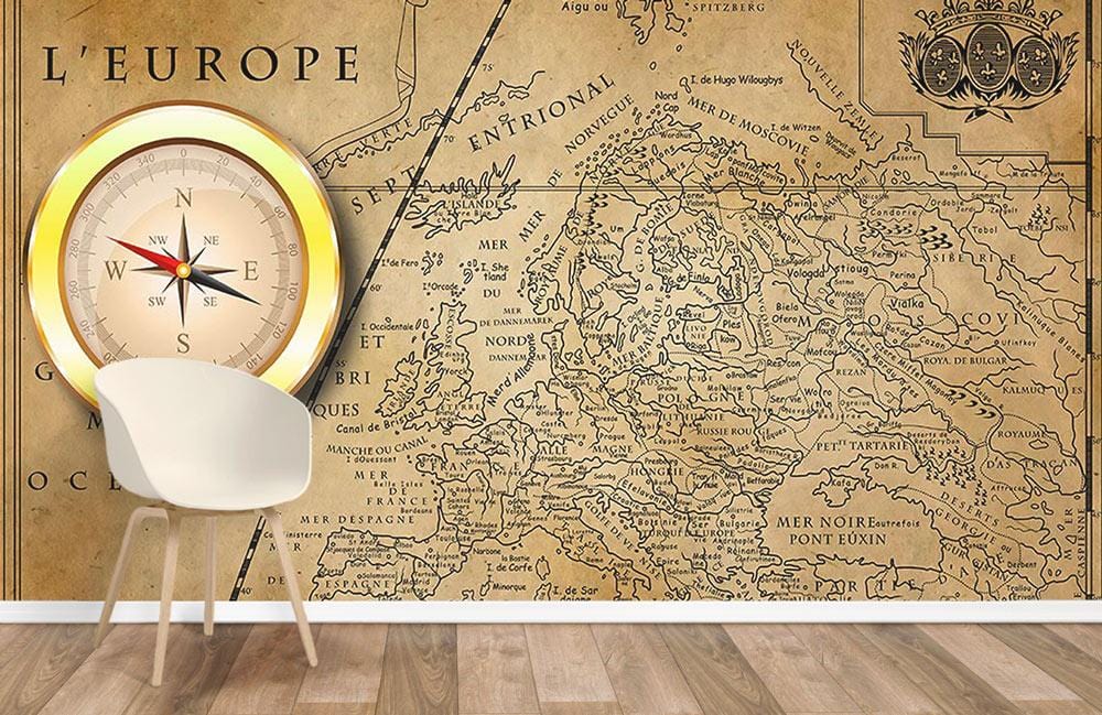 Vintage European Map Mural Wallpaper in office