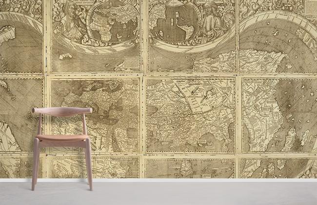 Renaissance World Map Sections Wallpaper Mural Design