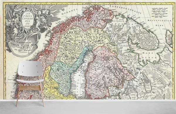 Vintage Scandinavian Map Mural Wallpaper in living room