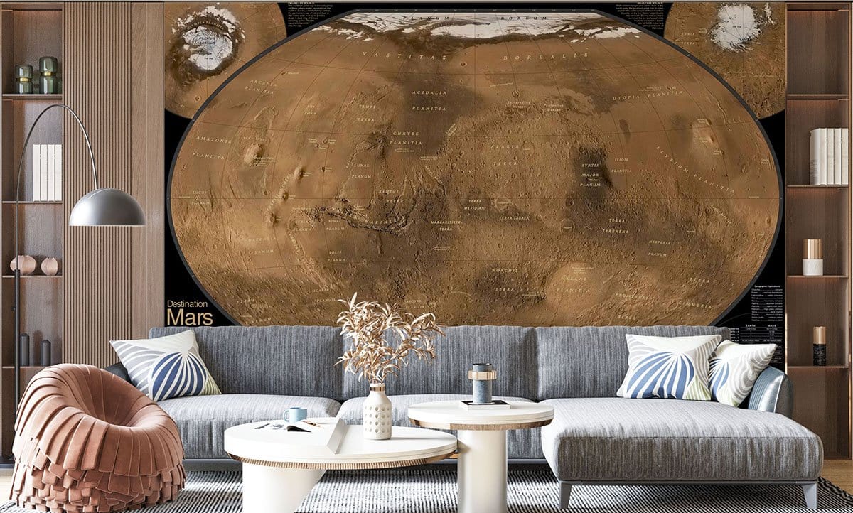 Vintage Mars Map Mural Wallpaper in living room