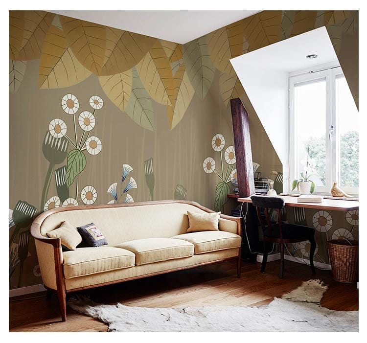 brown flower and leaves wallpaper design living room
