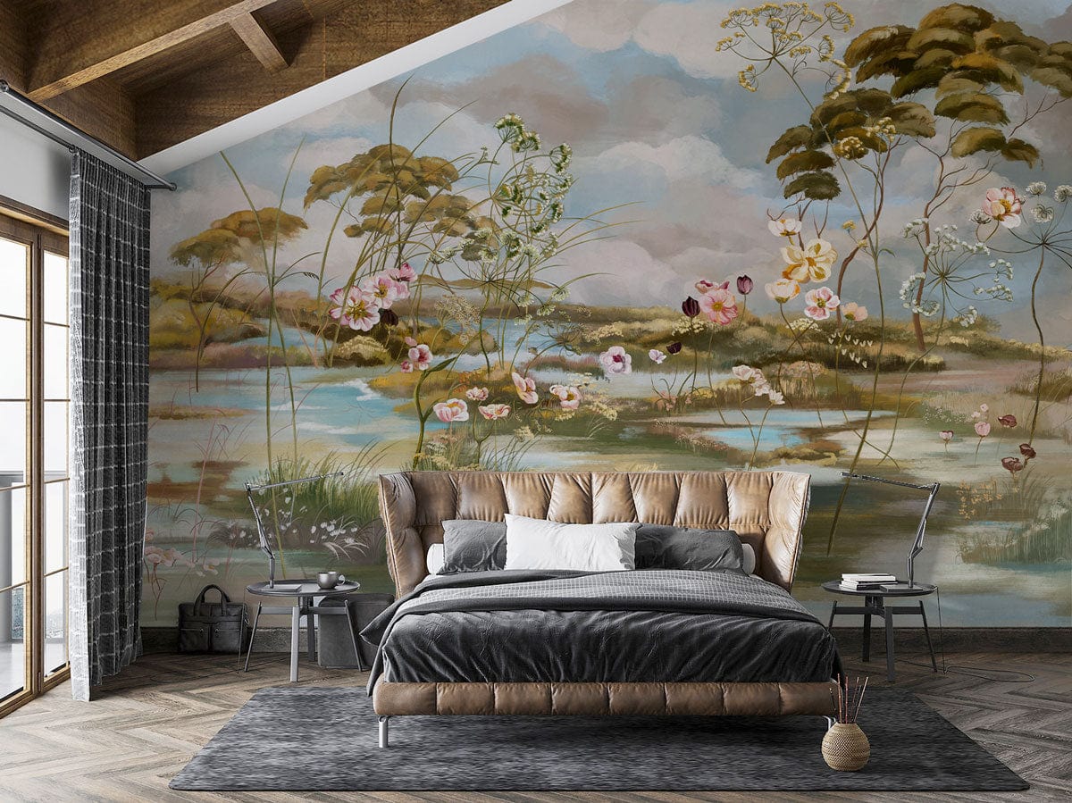 floral photographs from the past mural wallpaper with a delicate painting style, designed for use in bedrooms