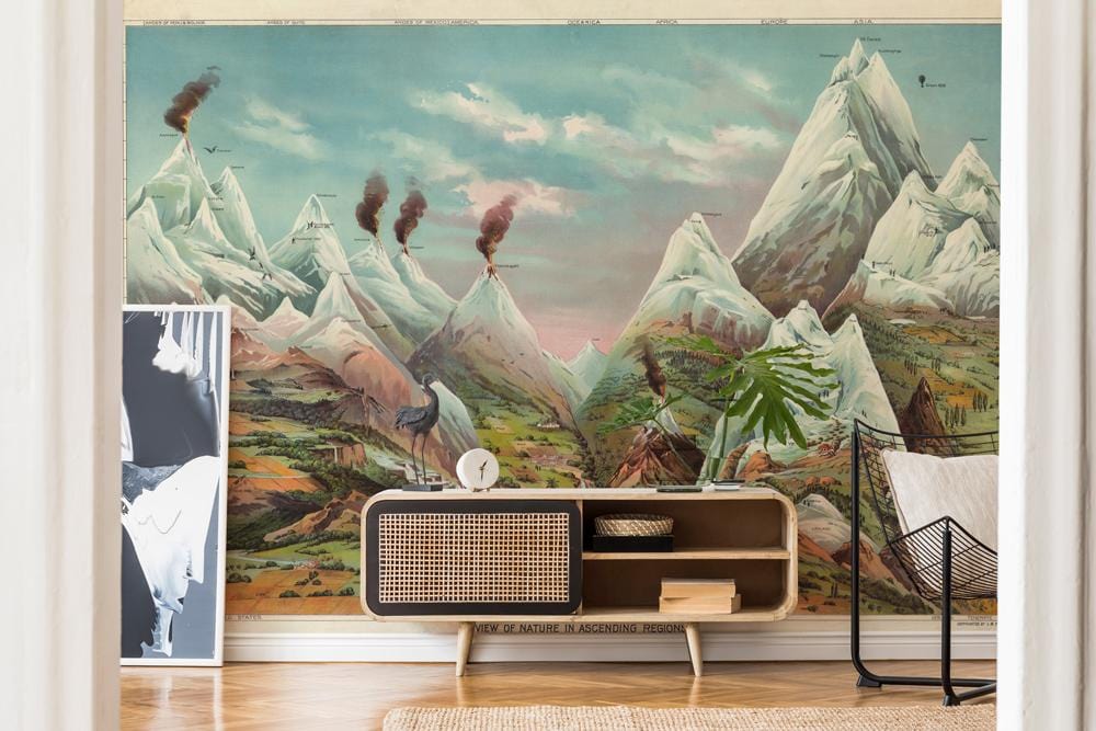 Vintage Mountain Landscape Wall Mural in living room