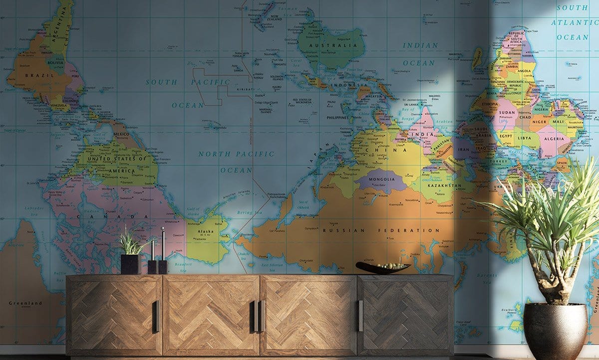 Upside Down World Map Mural Wallpaper in living room