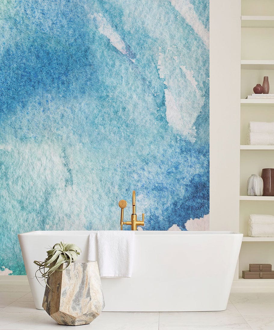watercolor blue abstract wall mural bathroom design