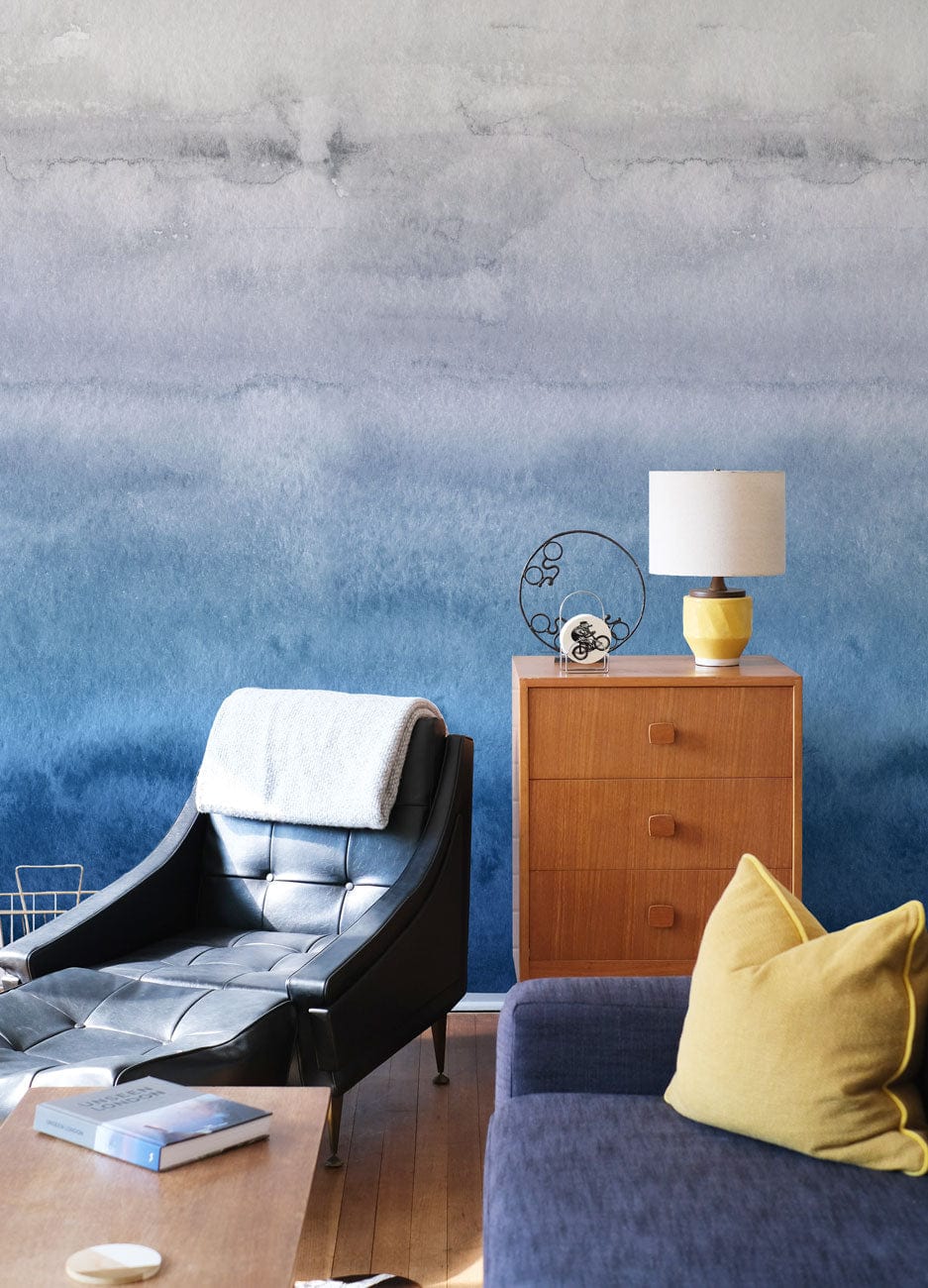 watercolor blue ombre mural lounge decoration idea