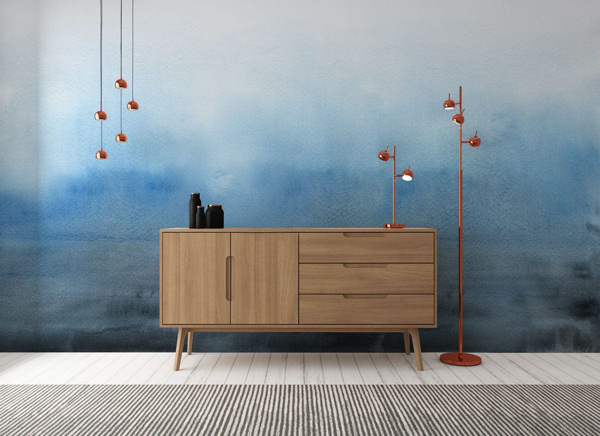 watercolor blue wall mural hallway design idea