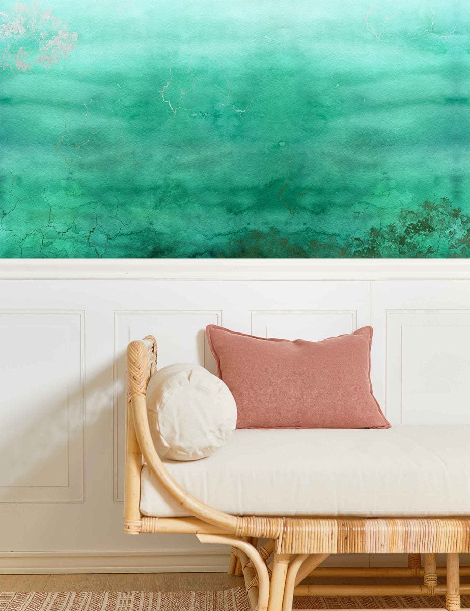 watercolor green abstract wall mural hallway decor idea