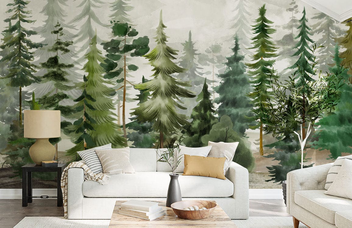 green watercolor forest wall mural living room decor