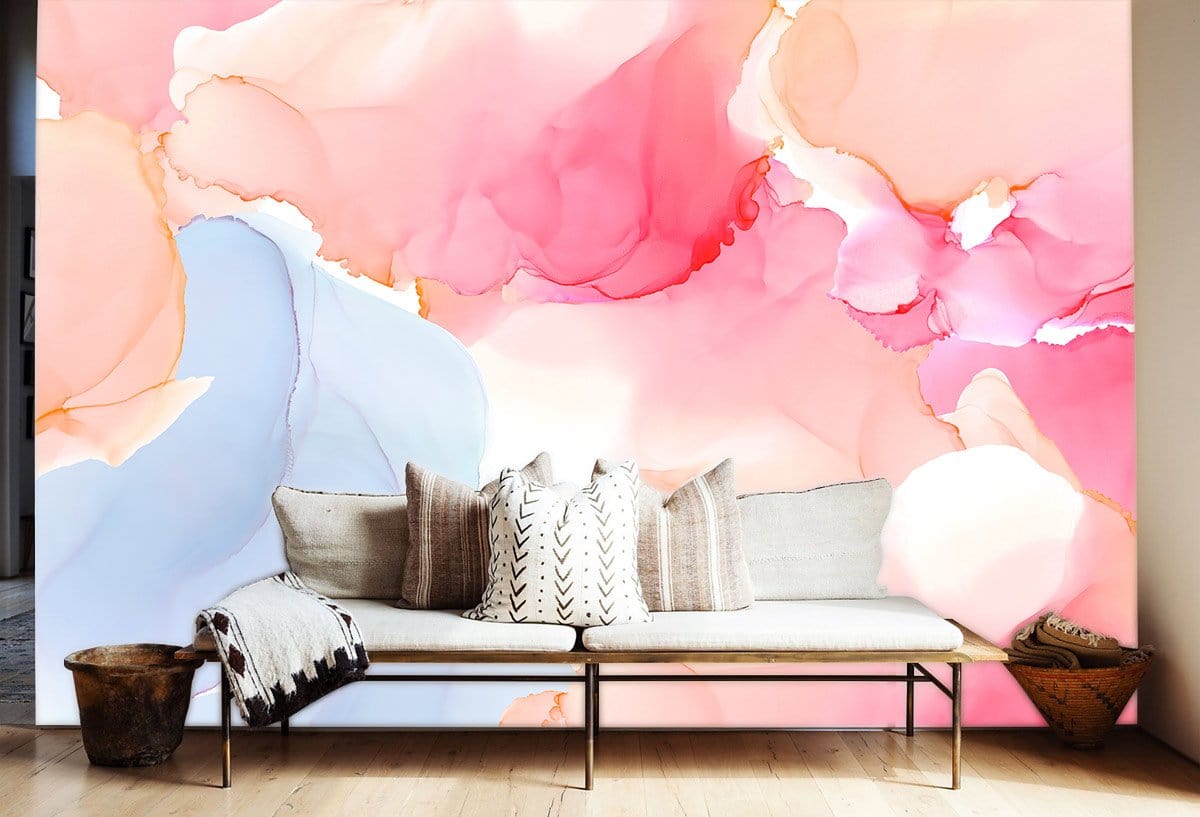 Abstract Watercolor Pink Blue Mural Wallpaper in living room