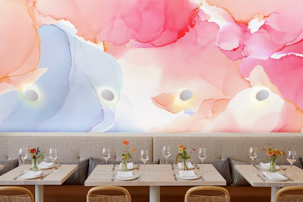 Abstract Watercolor Pink Blue Mural Wallpaper in dining area