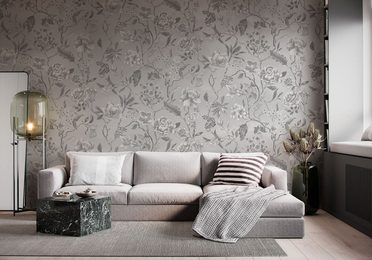 Elegant Grey Floral Mural Wallpaper in living room
