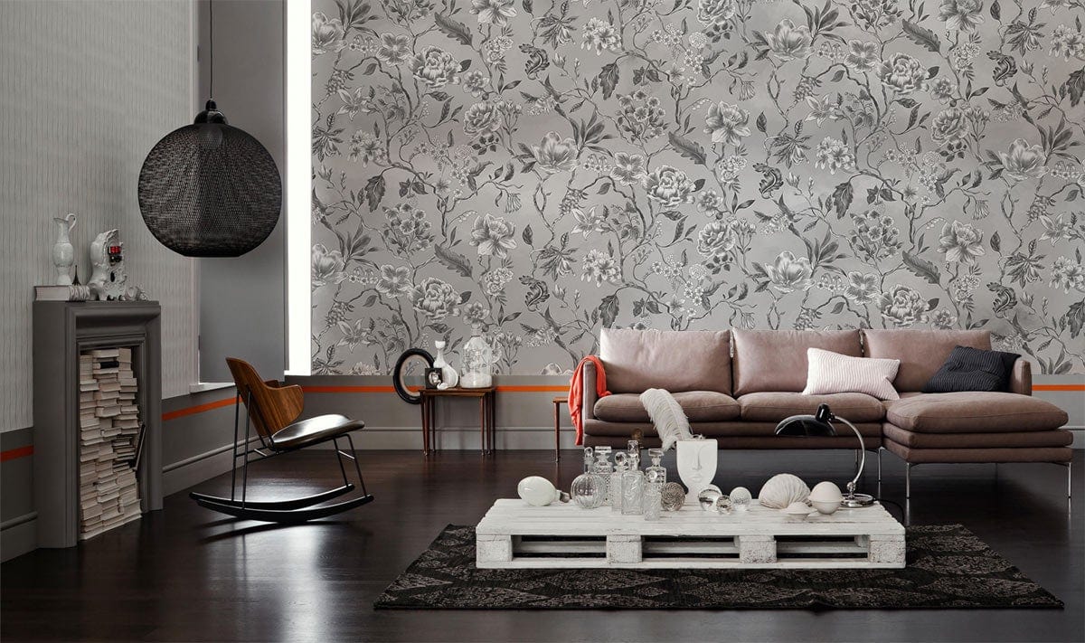 Elegant Grey Floral Mural Wallpaper in living room