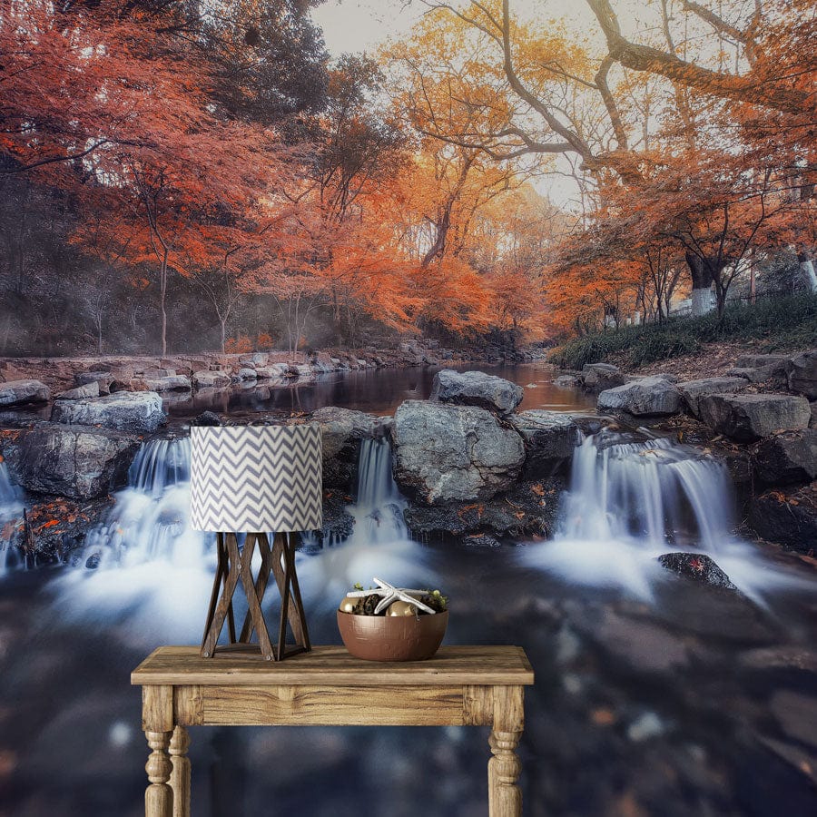 waterfall & maple leaves wall mural corridor decor idea