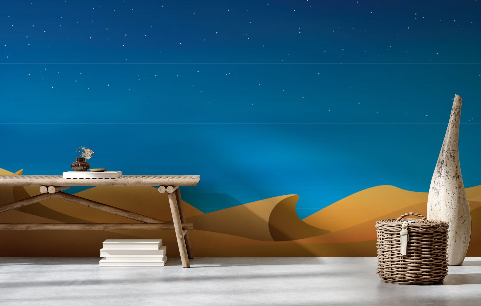 Wallpaper mural with a desert starry night scene for the hallway's decor.