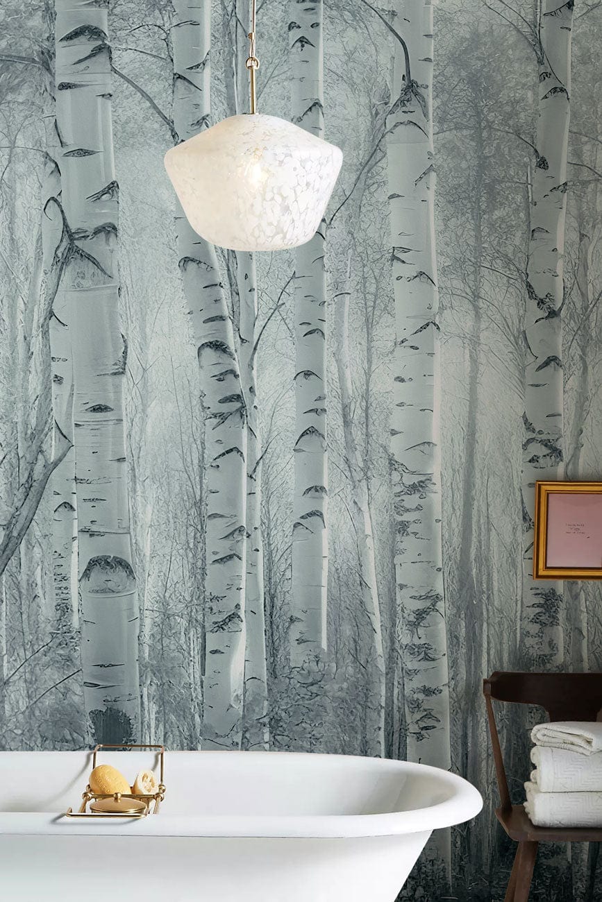 Misty Birch Forest Mural Wallpaper in bathroom